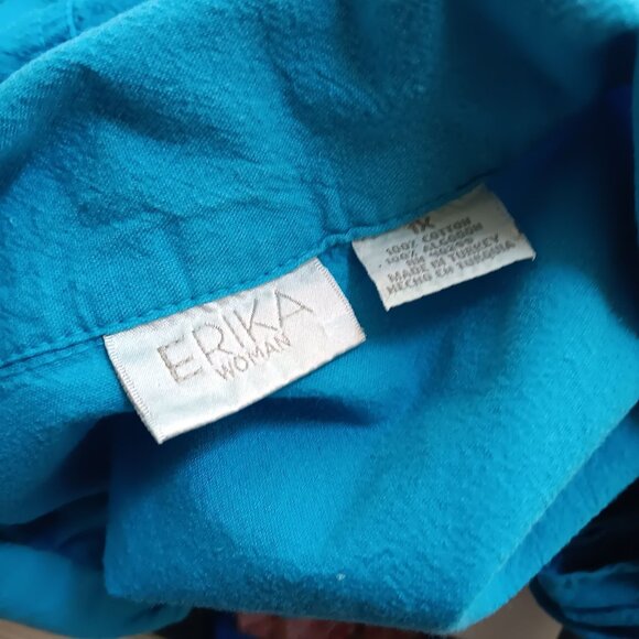 1X Women's Vintage Mom Top Erika Turquoise Button-Down Cotton 1990's - Picture 5 of 5